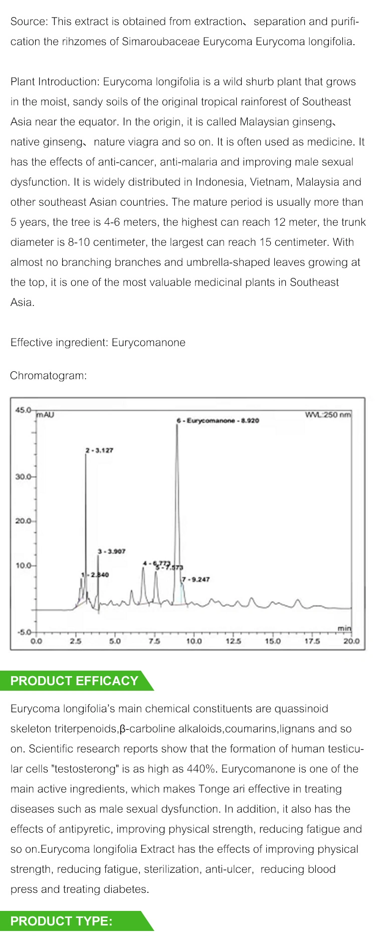 High Quality Natural Plant Health Supplement Eurycomanone 1-5% Tongkat Ali Extract